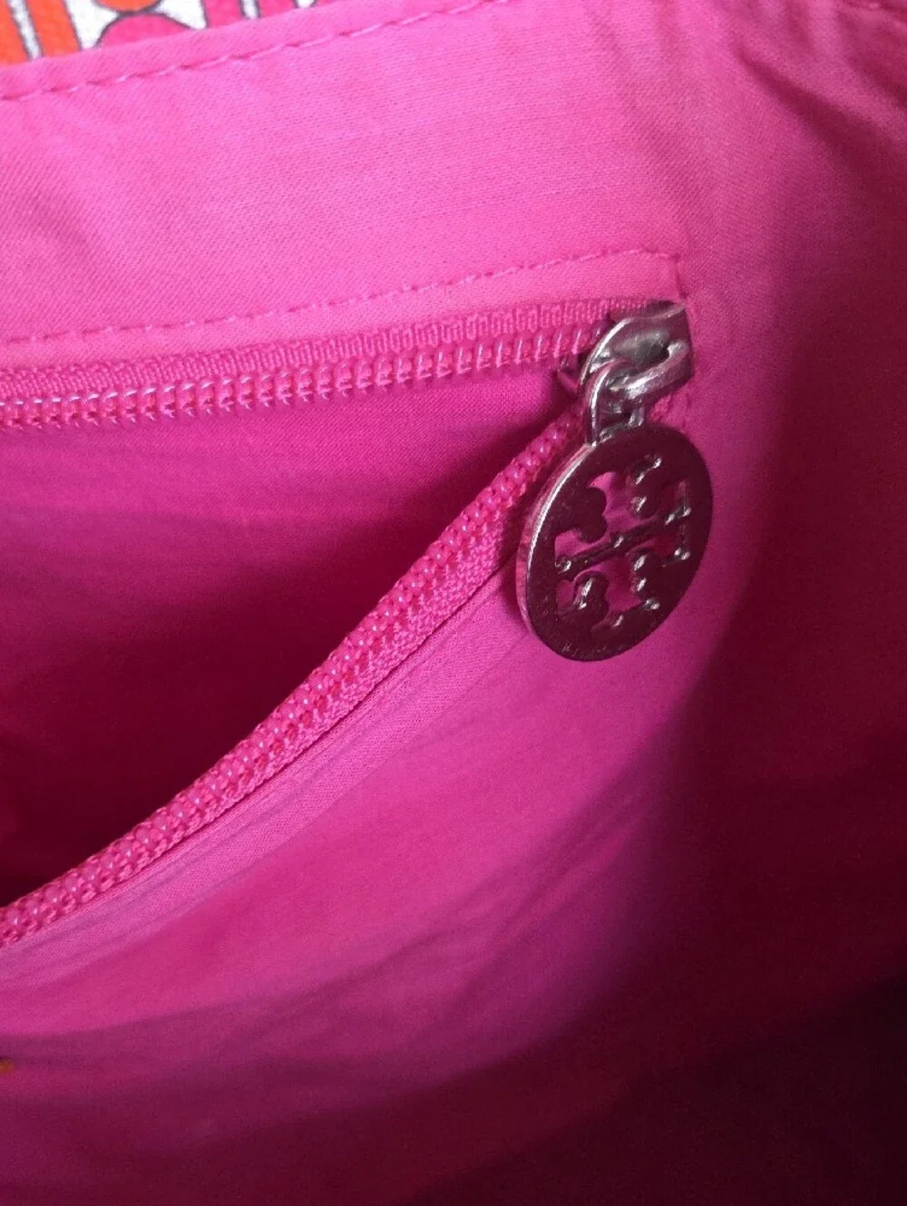 Tory Burch Coral Patterned Canvas Tote with White Trim